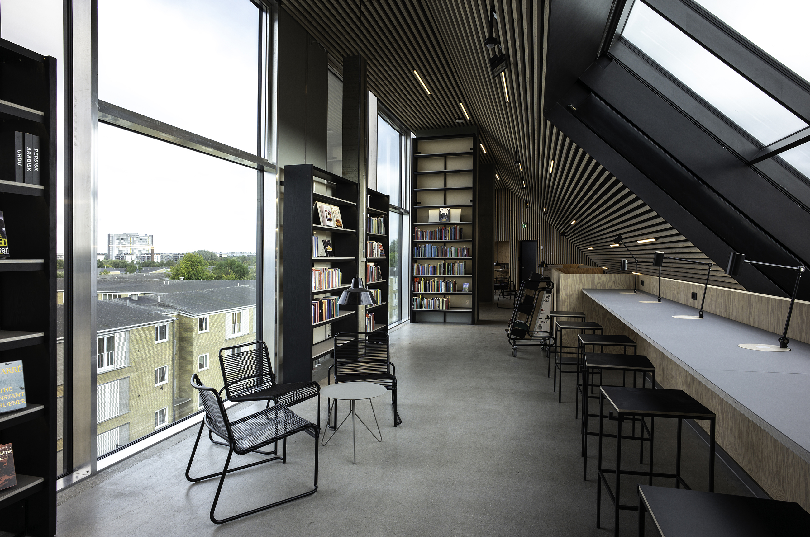 Bibliotek med stripe paneler i loft