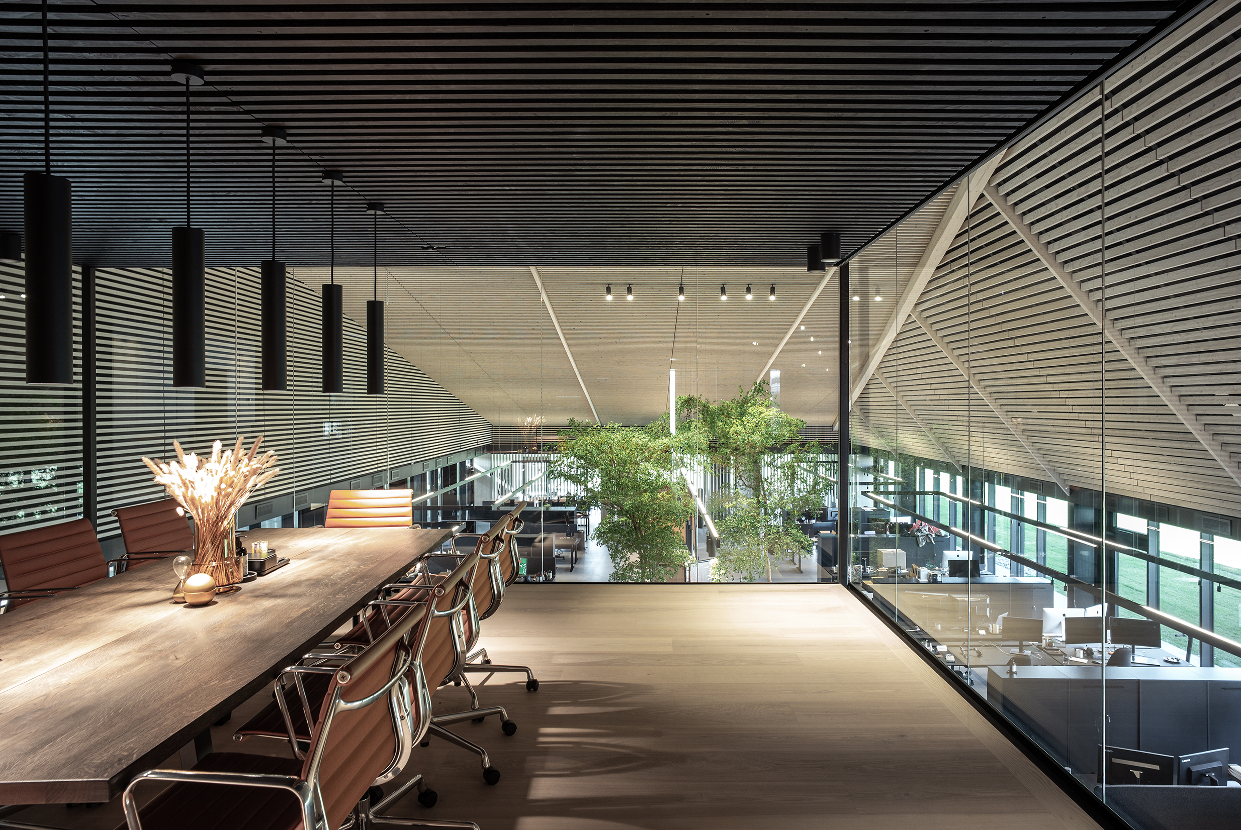 Stort mødelokale med transparente væge og sort træbeklædt loft