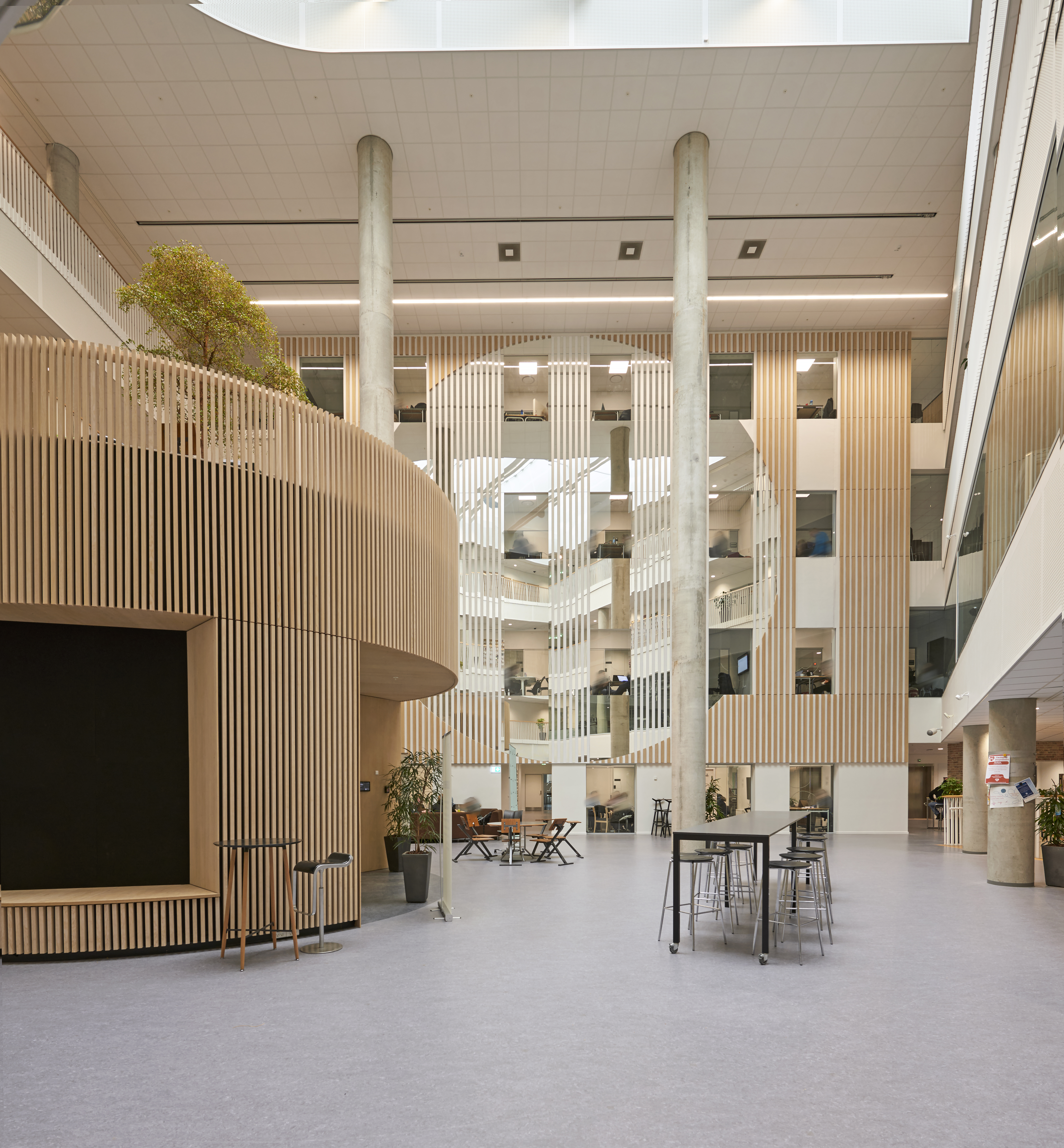 Rund bygning i et atrium med trælameller på vægge og et stort rundt spejl med en diameter der dækker alle etager i højden