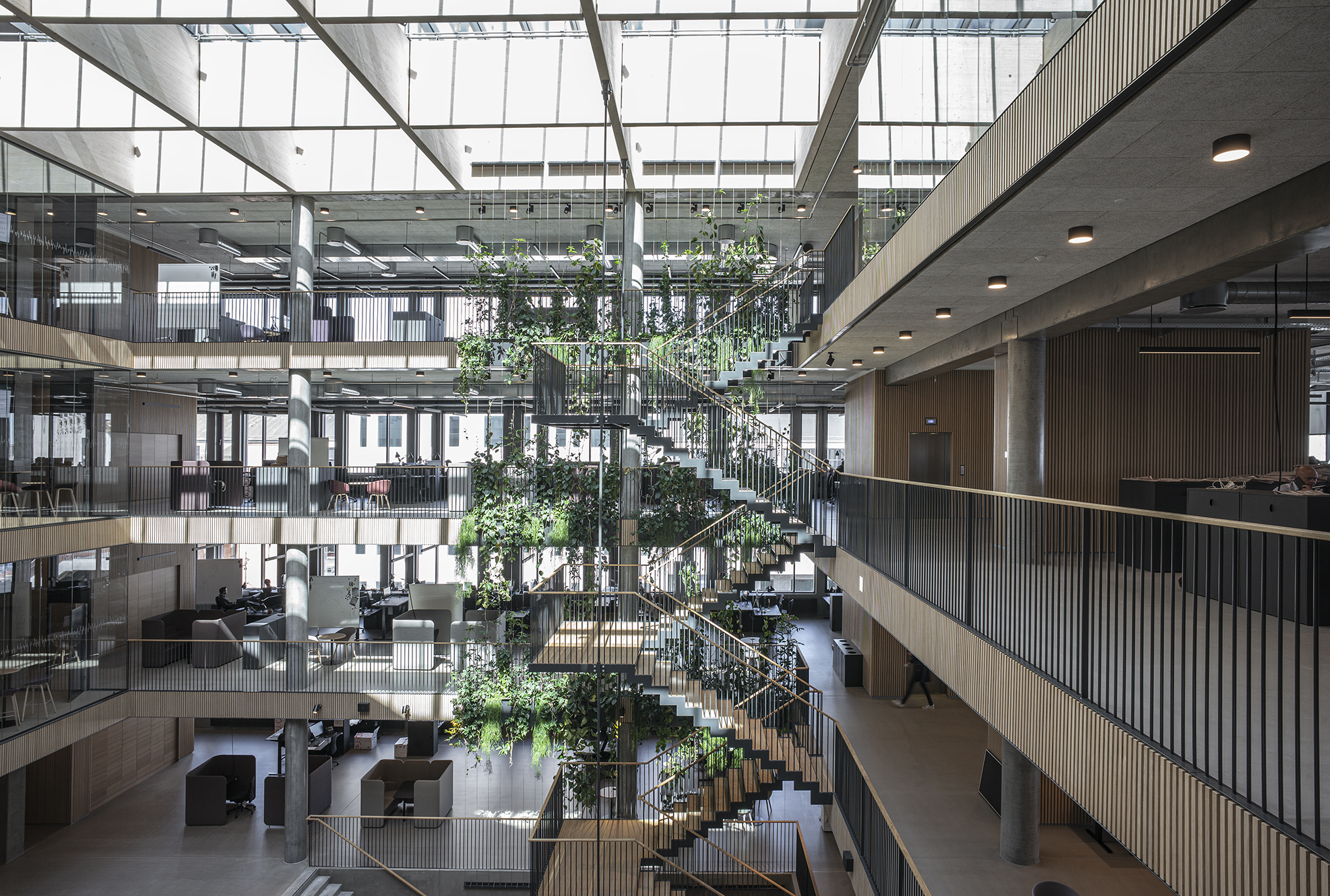 Atrium på fire etager med stripe panel og grønne hængende planter